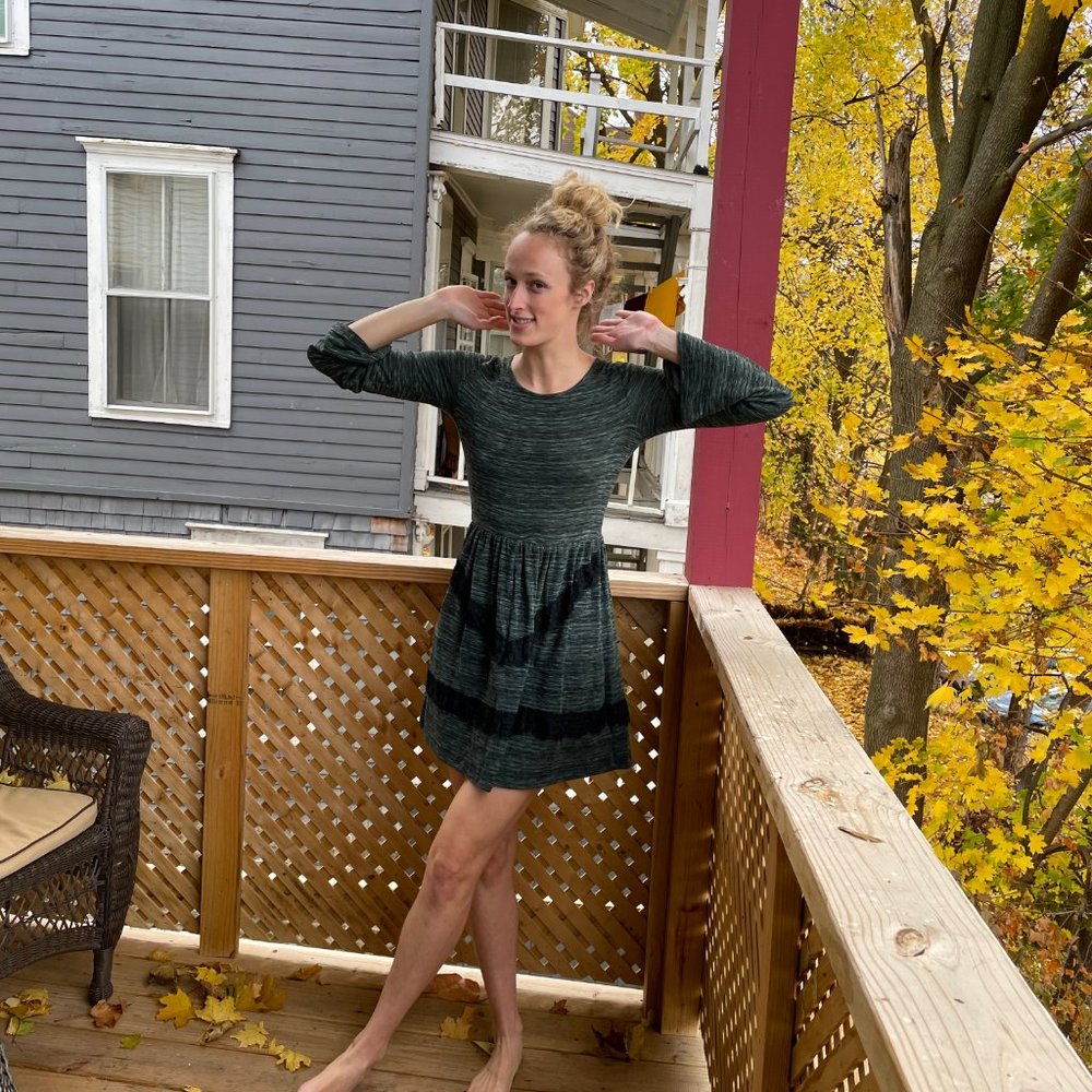 Green Gothic Dress with Black Frill & Open-Back